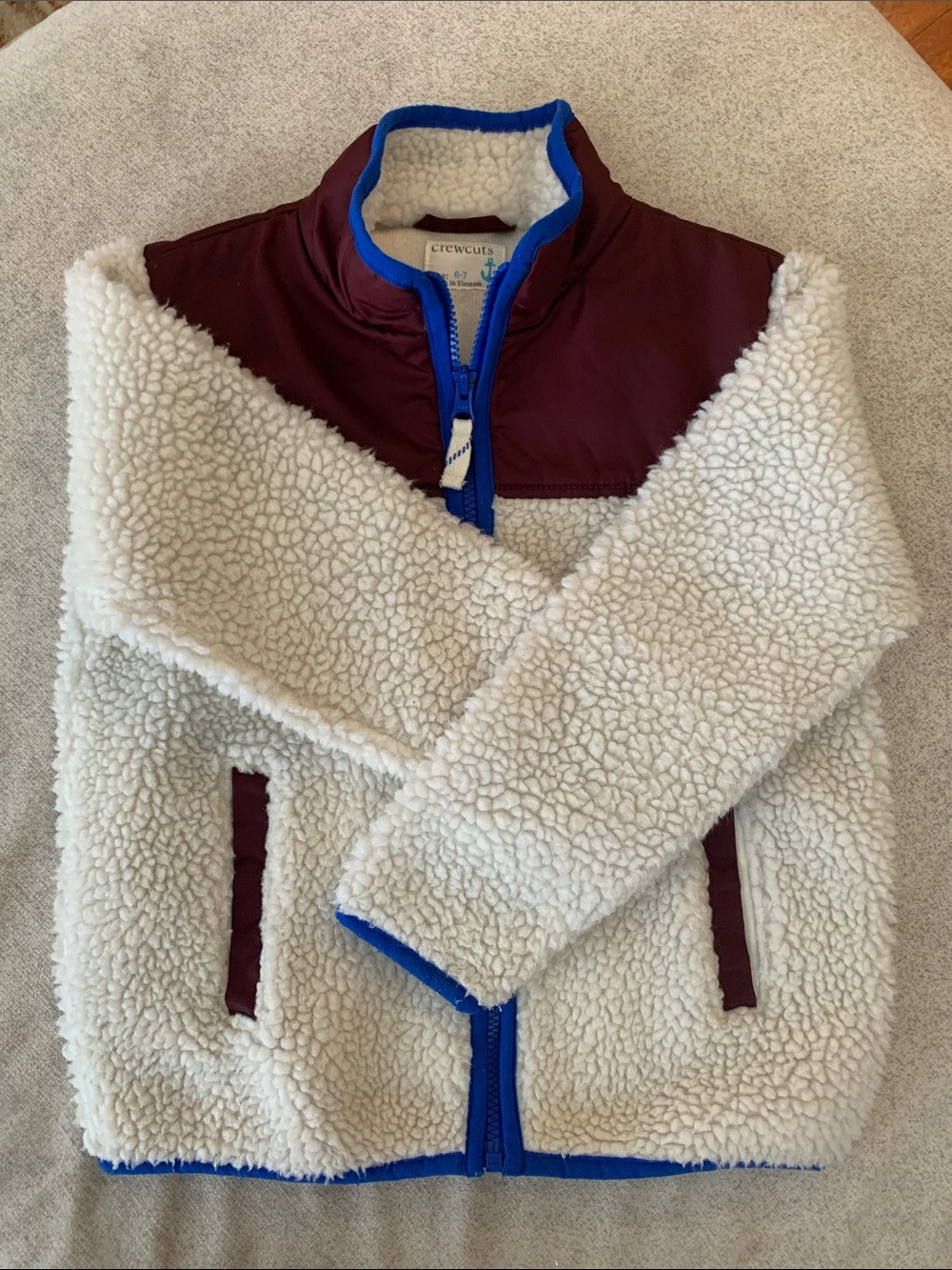 Crewcuts Youth Cream Sherpa Jacket with Burgundy Yoke and Blue Trim
